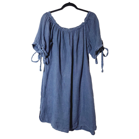 Meo Meli Italy Dress Womens Medium Linen Shift Off Shoulder Loose Fit Blue - C - Picture 1 of 9